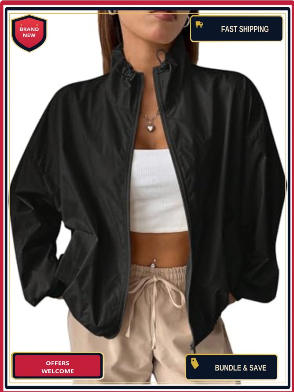 Women's Lightweight Windbreaker Jacket Stand Collar Zip Up